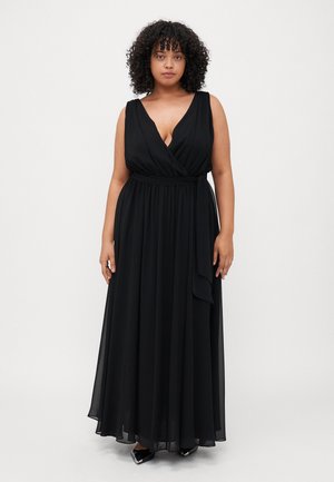 Black sleeveless maxi dress with a deep V-neck and wrap design, featuring a waist tie and flowing fabric for a soft, elegant silhouette.