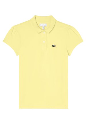 Poloshirt in helder geel katoen, met korte pofmouwen, een klassieke kraag, een placket met drie knopen en een groen geborduurd logo.