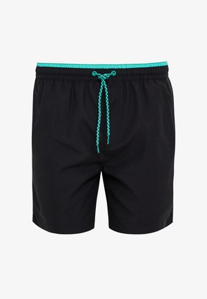 Shorts de bain noirs avec une finition texturée, dotés d'un cordon de serrage et d'une taille turquoise. Design simple, coupe à mi-cuisse.