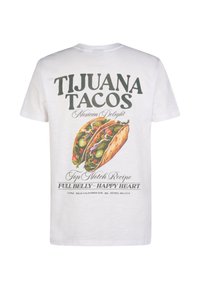 White cotton t-shirt featuring "TIJUANA TACOS" graphic, colorful taco illustration, and text "Mexican Delight," "Top Notch Recipe," and "FULL BELLY - HAPPY HEART."