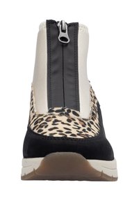 Black and beige ankle boots with a leopard print design, suede material, shiny zipper closure at the back, and a light-colored rubber sole.