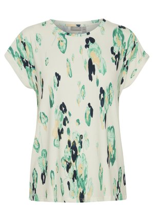 Kortærmet top i lys creme med grønne og marineblå abstrakte blomster mønstre; blødt, glat stof; afslappet pasform med en rund halsudskæring.
