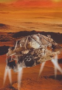 Rover kosmiczny z zewnętrznym wyposażeniem zstępujący nad skalistym, czerwonym terenem, silniki emitujące białe kłęby dymu na pomarańczowym niebie.