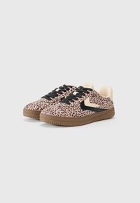 Leopard print sneakers with a pink and beige upper, black laces, and a textured brown rubber sole. Features a black accent design on the side.