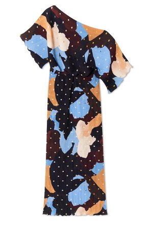 Ein trägerloses Kleid mit einem bunten abstrakten Muster aus blauen, schwarzen, braunen und cremefarbenen Formen. Strukturiertes Stoffmaterial mit Punkten.