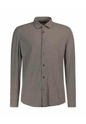 Camicia a maniche lunghe con bottoni, con un piccolo motivo a diamante bianco e nero e colletto standard, esposta su uno sfondo bianco.