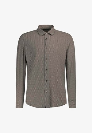 Camicia a maniche lunghe con bottoni, con un piccolo motivo a diamante bianco e nero e colletto standard, esposta su uno sfondo bianco.