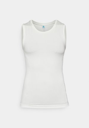 White sleeveless athletic top made of textured mesh fabric. Features a crew neckline and a fitted silhouette with smooth hems.