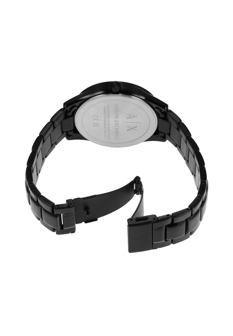 Orologio in acciaio inox nero con retro in metallo lucido, design a bracciale con maglie e chiusura a scatto. Presenta dettagli del logo incisi.