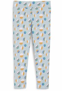 Világoskék leggings, multiszínű körökkel mintázva. Puha anyagból készült, különböző színkombinációkkal és csíkokkal.