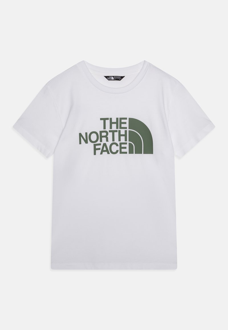 Bílý bavlněný tričko s zeleným grafickým potiskem loga "THE NORTH FACE" a zakřiveným designovým prvkem na přední straně. Krátké rukávy.