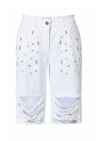 Hvide denim shorts med flerfarvede broderede mønstre. Har flossede detaljer ved kanten og en klassisk knaplukning.