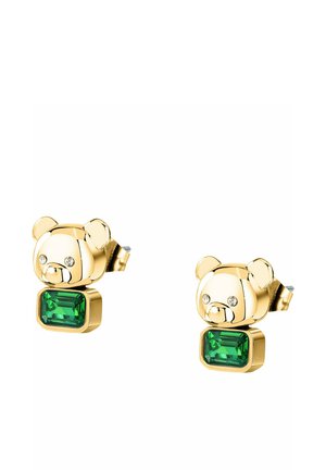 Gold bear-shaped stud earrings with small clear stones for eyes and rectangular green gemstones below the bear heads.