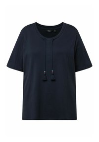 Maglietta blu navy a maniche corte con scollo rotondo, cordoncino con nappine e dettagli cuciti sul davanti. Tessuto morbido.