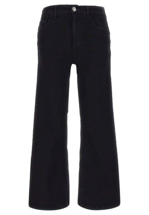 Jean noir taille haute à jambes larges avec bouton et poches à l'avant, présenté sur fond blanc.