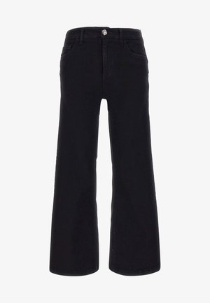 Jean noir taille haute à jambes larges avec bouton et poches à l'avant, présenté sur fond blanc.