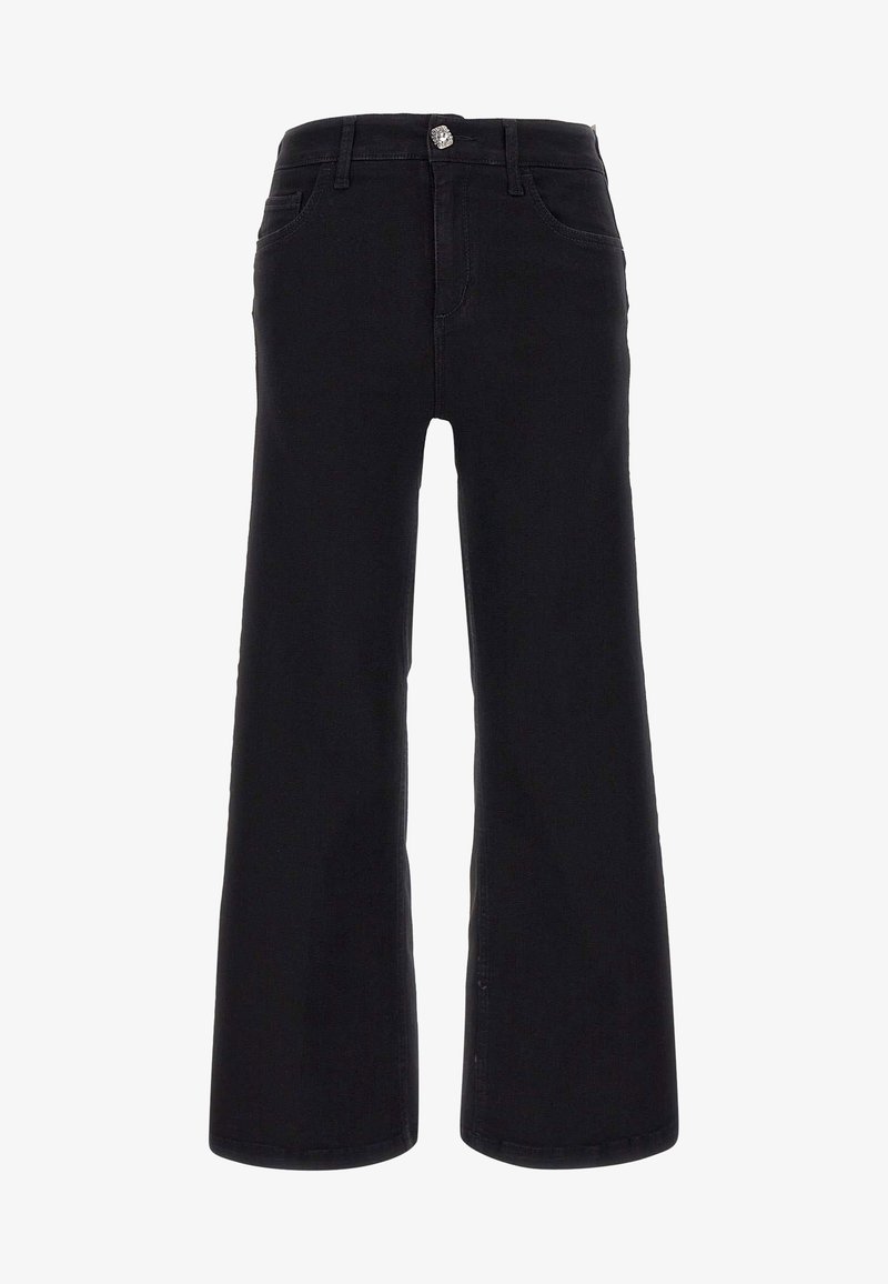 Jean noir taille haute à jambes larges avec bouton et poches à l'avant, présenté sur fond blanc.