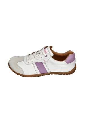 White leather sneaker with purple stripe and heel accent, tan inner lining, white laces, and gum rubber sole.