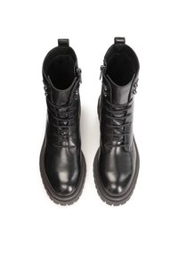 Black leather ankle boots with laces, textured surface, padded collar, and durable rubber sole. Features side zipper and logo detail.