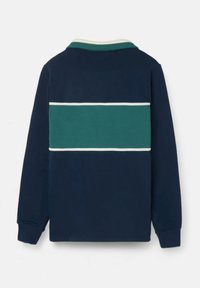 Polo a maniche lunghe blu navy con una striscia orizzontale teal e accenti bianchi. Presenta un colletto a contrasto e un tessuto morbido e texturizzato.
