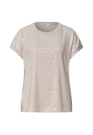 T-shirt beige à manches courtes pour femme avec encolure ronde, motif subtil de sequins et bords de manches pliés.