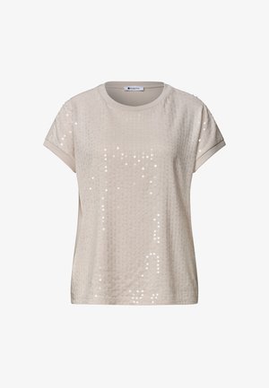 Beige kortærmet damet-shirt med rund hals, subtil palietmønster og foldede ærmekanter.