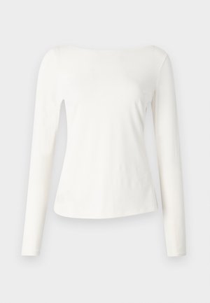 Long-sleeve, off-the-shoulder top in soft white fabric. Features a fitted bodice and a slightly flared hem. Smooth texture, minimalistic design.