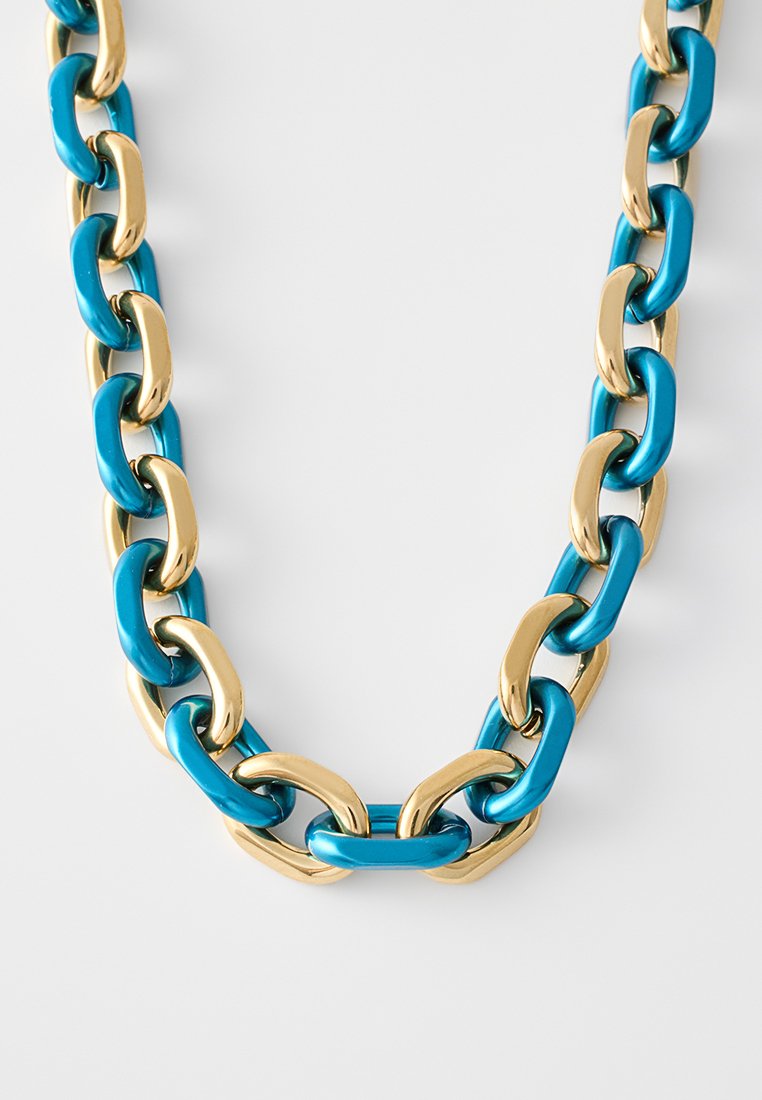 Chunky chain necklace featuring alternating turquoise and gold links. The links are glossy with a smooth texture and uniform shape.