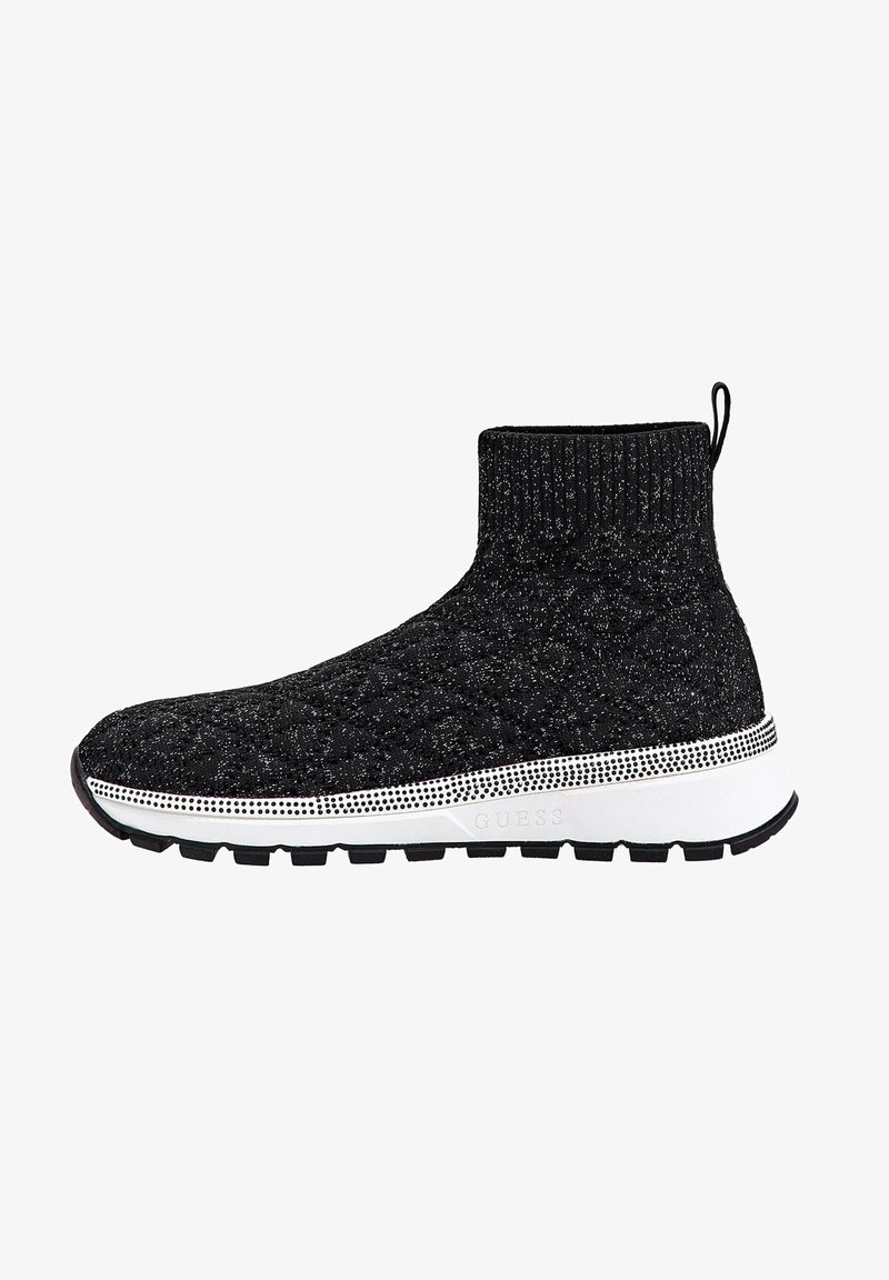 Baskets style chaussettes en tricot noir avec une semelle intermédiaire blanche mouchetée et une semelle extérieure noire texturée, dotées d'une languette de traction à la cheville.