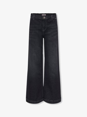 Fekete, széles szárú farmernadrág elülső zsebekkel, övhurkokkal és patentos derékzárral.