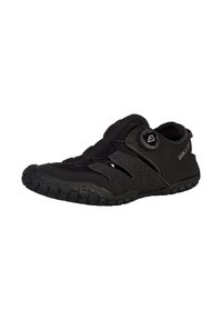Black athletic shoe with a breathable mesh upper, rubber outsole, and a secure, adjustable closure mechanism. Features perforated design accents.