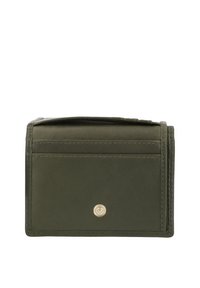 Green leather wallet with stitched edges, a small metal snap button on front, and visible card slots on top.