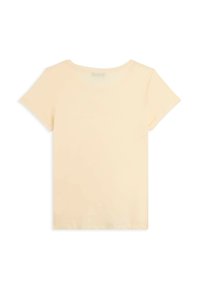 Camiseta corta de mangas con cuello redondo en color beige claro, mostrada de forma plana sobre un fondo blanco, vista trasera.