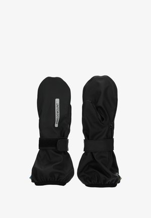 Manoplas impermeables negras con una textura suave, correas ajustables de Velcro y un logo en la parte frontal. Presentan un diseño de punta redondeada.