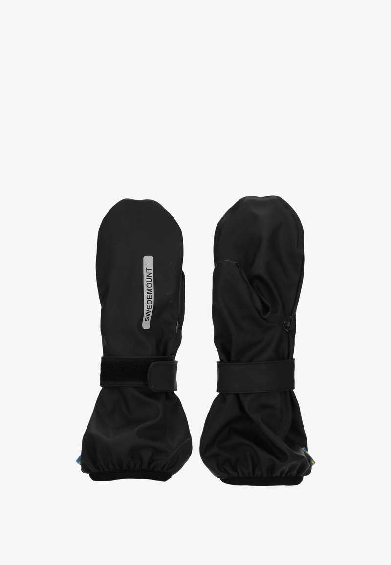 Schwarze wasserdichte Fäustlinge mit glatter Textur, verstellbaren Klettverschlussriemen und einem Logo auf der Vorderseite. Mit einem abgerundeten Spitzen-Design.