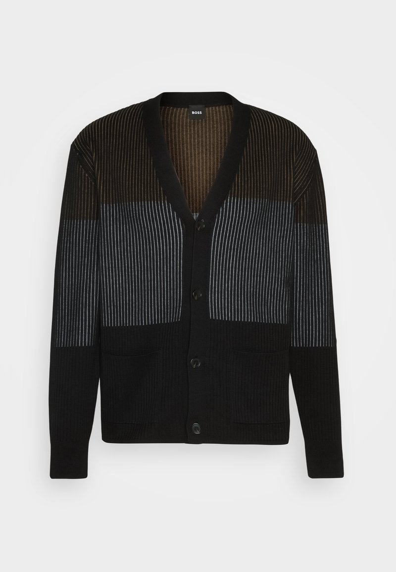 Schwarzer, geknopfter Cardigan mit vertikalen braunen und grauen Streifen über der Brust und den oberen Ärmeln, mit zwei Fronttaschen und V-Ausschnitt.