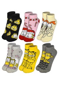 Set di sei paia di calzini alla caviglia in cotone con design di cartoni animati. I colori includono nero, rosa, rosso, giallo, grigio e beige.