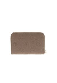 Portefeuille en cuir texturé brun avec des motifs circulaires et floraux en relief, doté d'une fermeture éclair sur le côté droit.