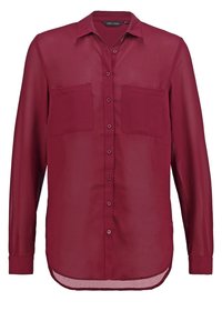 Red, long-sleeve button-up shirt made of sheer fabric, featuring two front pockets and a curved hemline.