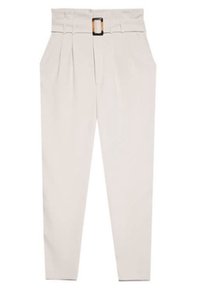 Světle béžové kalhoty s vysokým pasem, skladbami a širokým páskem s obdélníkovou přezkou. Hladká tkanina s přiléhavým střihem.