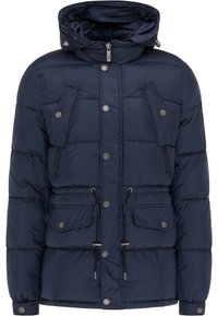 Granatowa kurtka puchowa z zamkiem błyskawicznym i zapięciem na guziki, przednimi kieszeniami, sznurkiem w talii oraz kapturem. Gładka faktura z pikowanym wzorem.