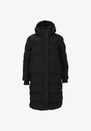 Sort lang pufferjakke med hætte, der har en quiltet design, trykknapper og ribbede manchetter for ekstra varme.