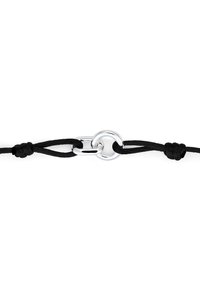 Black cord with a silver metal ring connected by knots, featuring smooth texture and rounded shapes, set against a white background.