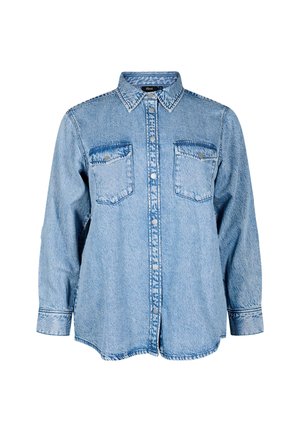 Lys blå denimskjorte med lange ærmer, to brystlommer, knaplukning og kontrasterende syninger. Har en klassisk krave og en afslappet pasform.