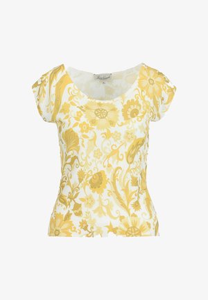 Wit, kort mouw, aansluitend shirt met gele bloemen- en bladmotieven, ronde halslijn en lichtgewicht stof.