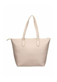 Sac cabas en cuir beige avec deux longues anses, fermeture éclair, texture lisse, et design minimaliste. Pas de motifs ni de ferrures visibles.