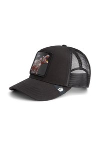 Gorra negra con un panel frontal sólido que presenta un gráfico bordado de un hipopótamo y la palabra "GUT". Parte trasera de malla con visera curva.