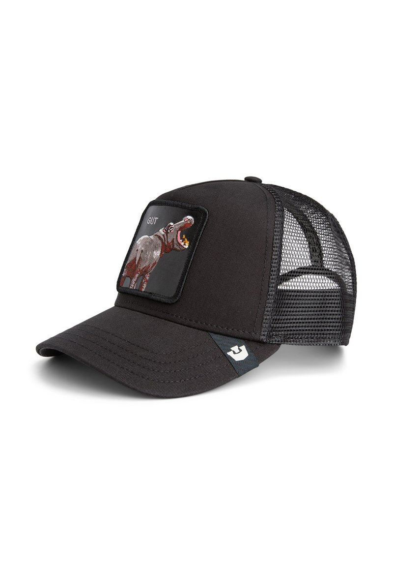 Gorra negra con un panel frontal sólido que presenta un gráfico bordado de un hipopótamo y la palabra "GUT". Parte trasera de malla con visera curva.