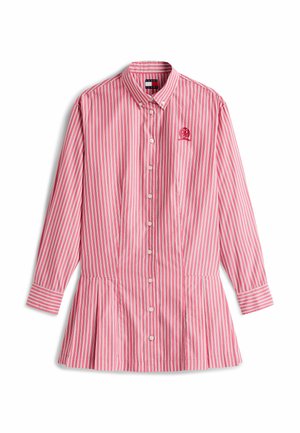 Camicia a maniche lunghe a righe verticali rosa e bianche con colletto button-down, fondo plissettato e dettaglio ricamato sul petto.