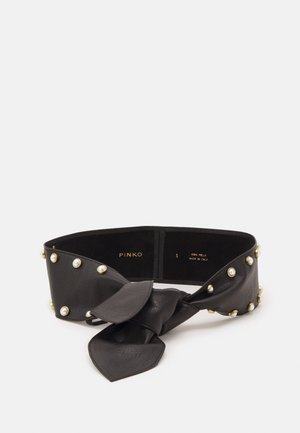 Czarny skórzany pasek z detalem supła, ozdobiony perłami i złotymi ćwiekami, rozmiar mały, wykonany we Włoszech przez Pinko.